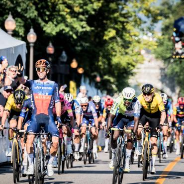 Cyclists at the finish line.